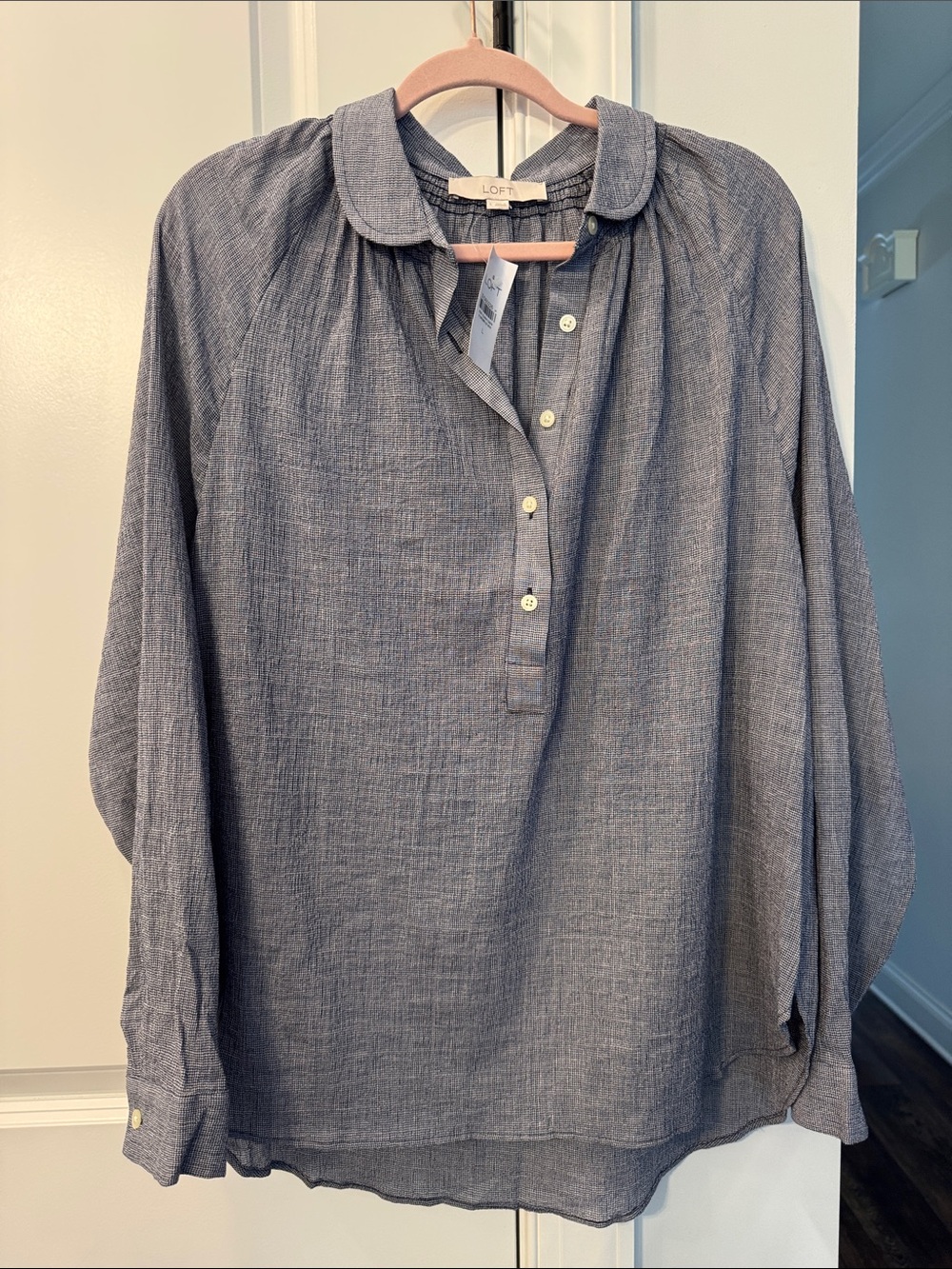 LOFT Navy Blue Button-Placket Gauze Top